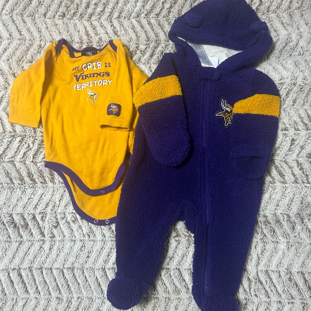 3/6M NFL Vikings gear
Long sleeves onsies 
Zip up fuzzy jumper, hood/hand covers